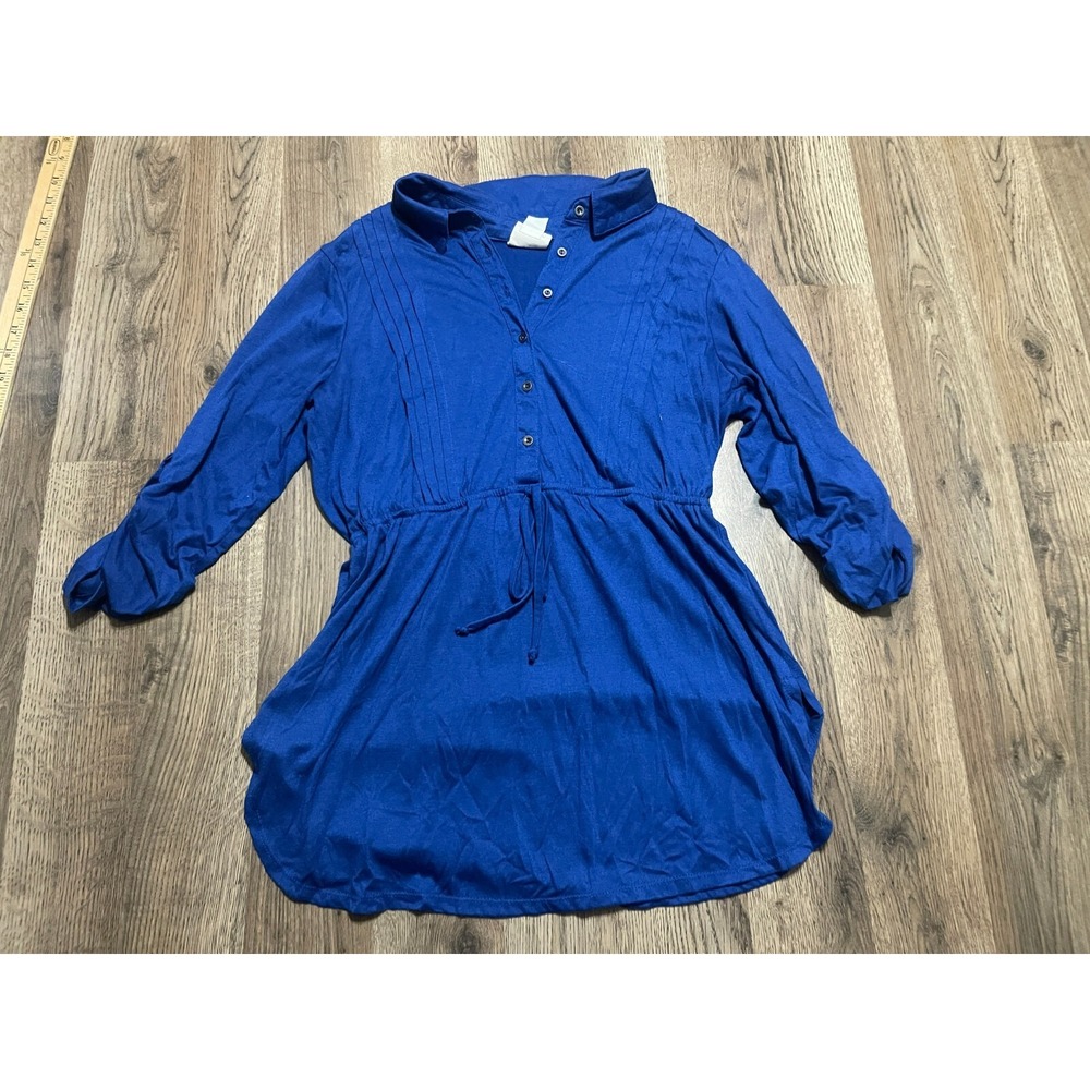 Belle de Jour Shirt, Women's Size Large, Blue, 1/4 Buttons, Long Sleeve, Pleated